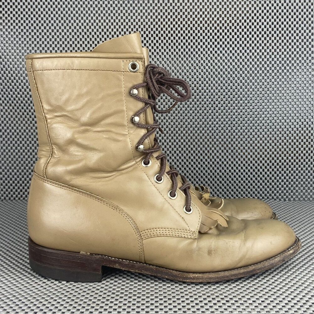 Vintage Justin Combat Boots Womens Size 8 B Tan Leather Roper Boot Made In USA